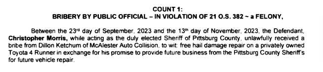 Bribery by Public Official - In Violation of 21 O.S.382 - a FELONY.